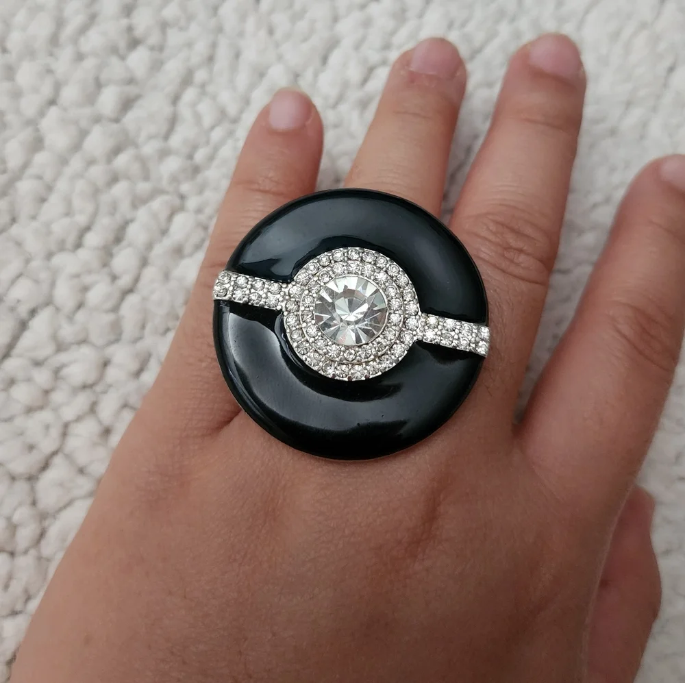 Elegant Black Enamel and Silver Bling Rhinestone Statement Ring Stretch